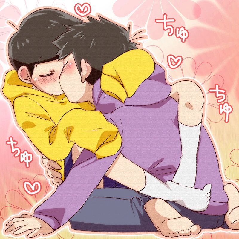 2boys, barefoot, blush, brothers, child, closed_eyes, feet, hood
