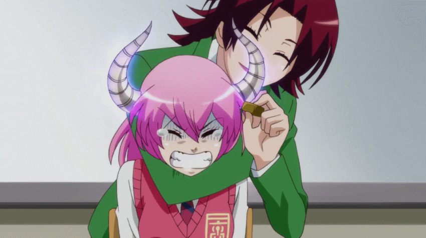 2girls, animated, demon_girl, eating, feeding, food, force_feeding, horns, jitsu_wa_watashi_wa, koumoto_akane, multiple_girls, open_mouth, pink_hair, redhead, short_hair, teacher, tears