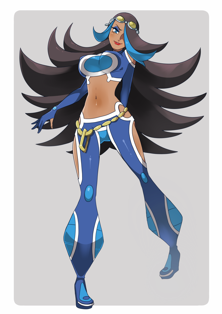 10s, 1girl, bare_shoulders, black_hair, dark_skin, goggles, grey_background, hair_over_one_eye