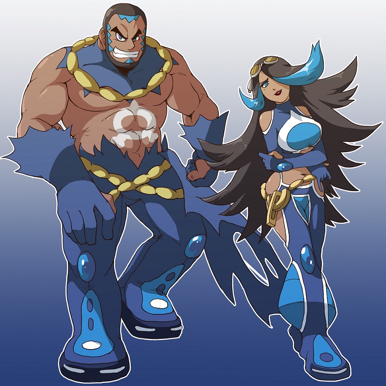 10s, 1boy, 1girl, abs, bare_shoulders, beard, black_hair, blue_eyes