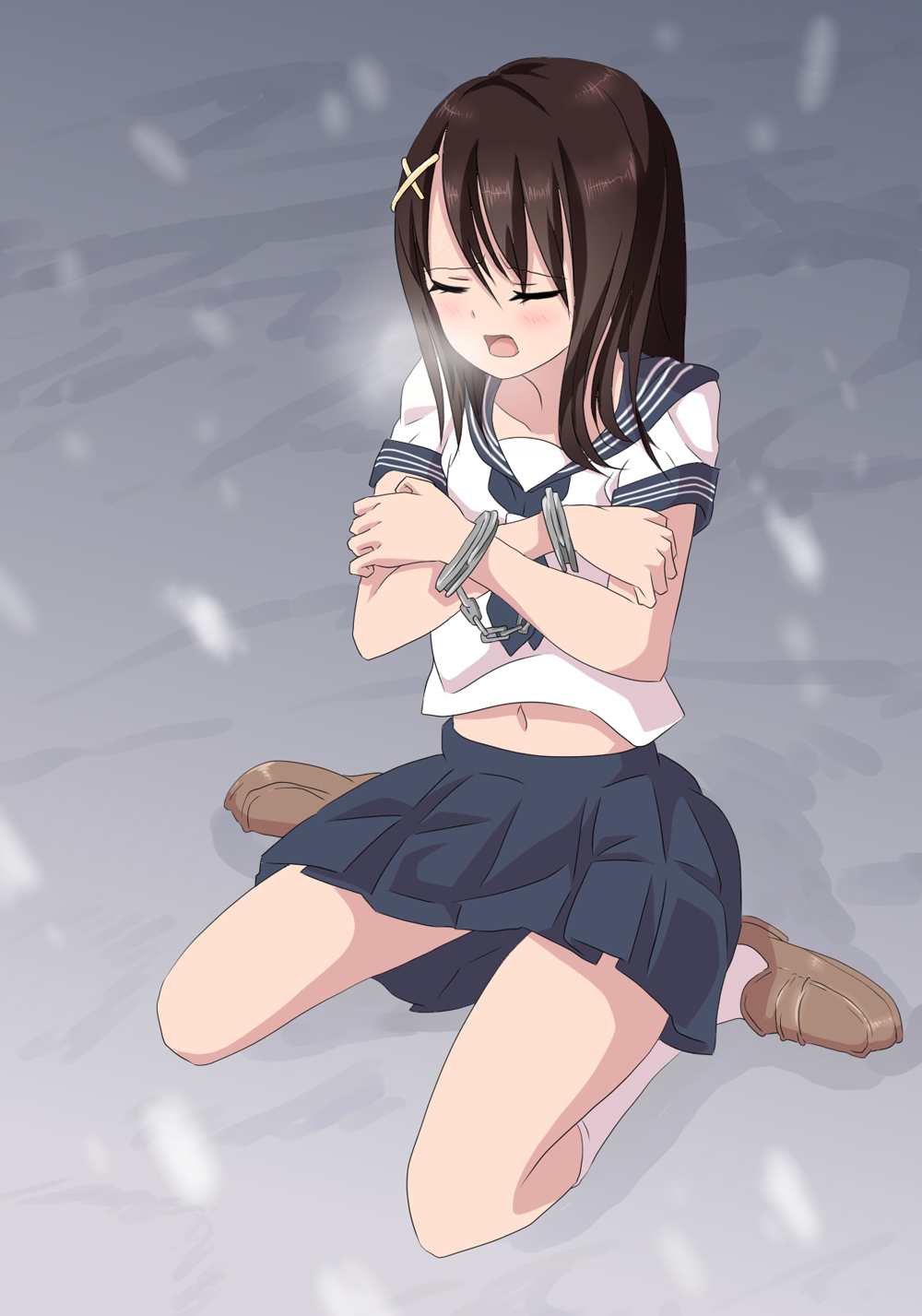 1girl, bangs, blue_skirt, blush, bound, bound_wrists, breath, brown_hair, brown_shoes, closed_eyes, cold, collarbone, crossed_arms, cuffs, eyelashes, female, full_body, hair_ornament, handcuffs, long_hair, miniskirt, navel, open_mouth, pleated_skirt, rokujuuni, sailor_collar, school_uniform, serafuku, shiny, shiny_hair, shirt, shoes, short_sleeves, sitting, skirt, snow, socks, solo, steam, white_legwear, white_shirt, winter