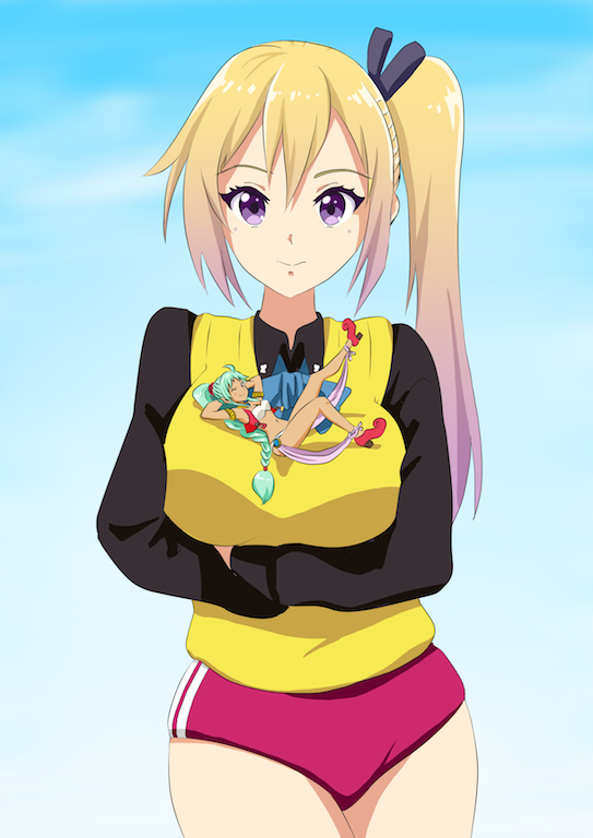 2girls, aqua_hair, b_(papiopine), blonde_hair, breasts, kawakami_mai, large_breasts, minigirl