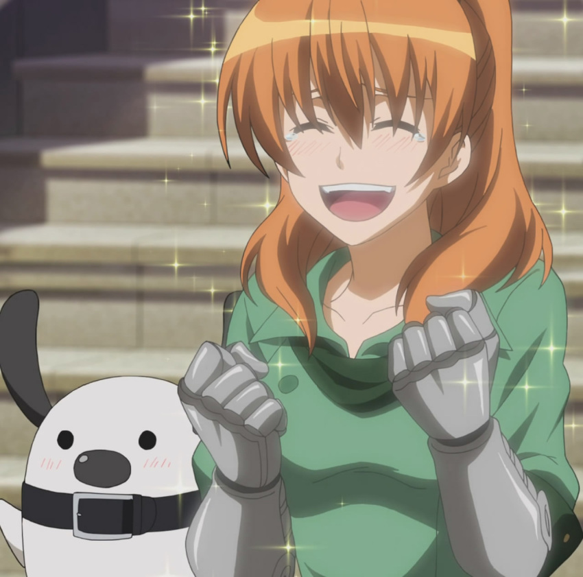 1girl, akame_ga_kill!, auburn_hair, blush, closed_eyes, dog, hekatonkheires, mechanical_arms