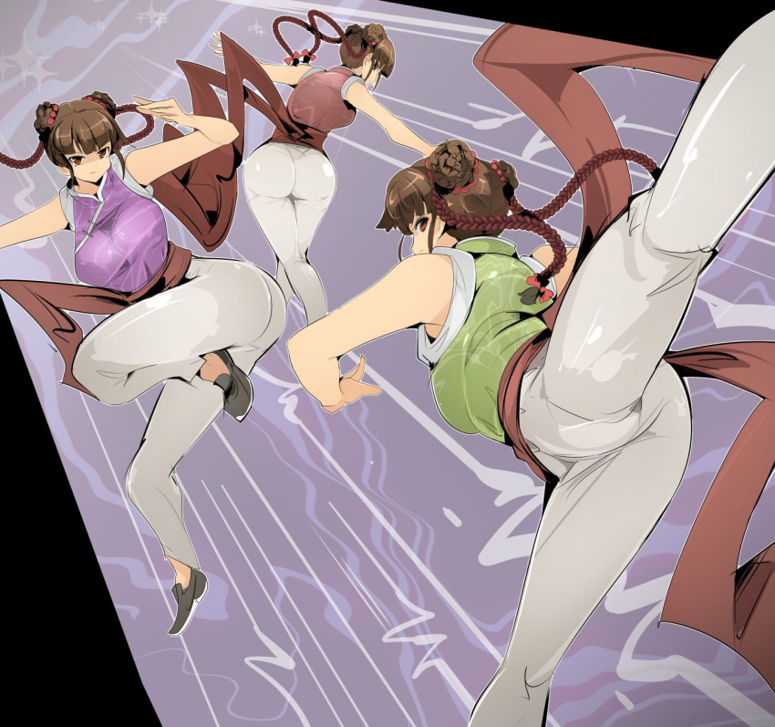 3girls, ass, bare_shoulders, bei_pooh, bow, braid, breasts, brown_eyes