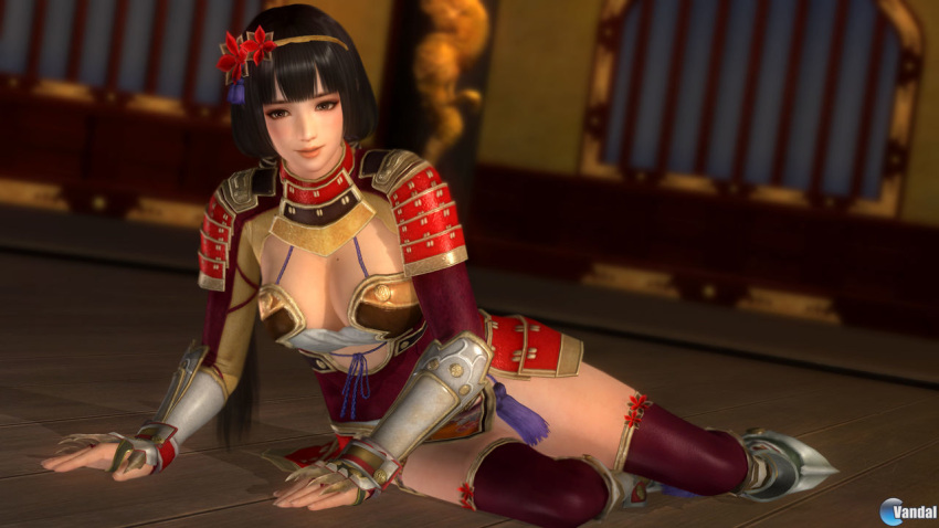 1girl, 3d, breasts, cleavage, dead_or_alive, dead_or_alive_5, ii_naotora, large_breasts, long_hair, lying, official_art, sengoku_musou, solo