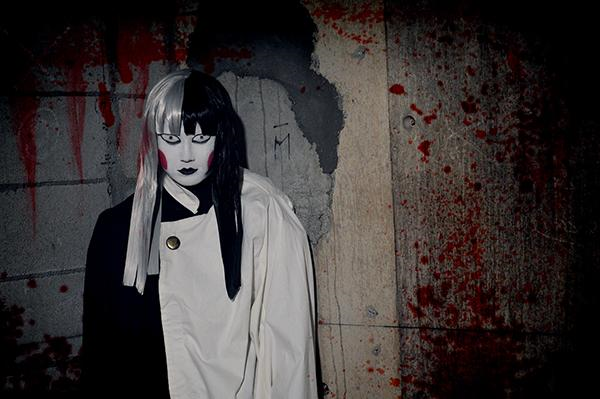 1girl, black_hair, black_lipstick, cosplay, creepy, lipstick, magical_girl, magical_girl_apocalypse