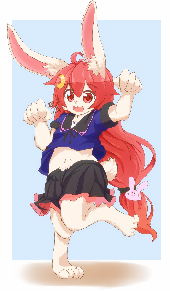 1girl, ahoge, animal_ears, arm_up, bangs, black_ribbon, black_skirt, blue_shirt, bunny_tail, daiha_(setsuka), female, full_body, furry, hair_ornament, hand_up, jumping, long_hair, looking_at_viewer, miniskirt, navel, open_mouth, pleated_skirt, rabbit, rabbit_ears, red_eyes, redhead, ribbon, school_uniform, shirt, shirt_lift, short_sleeves, skirt, smile, solo, standing, standing_on_one_leg, tail, very_long_hair