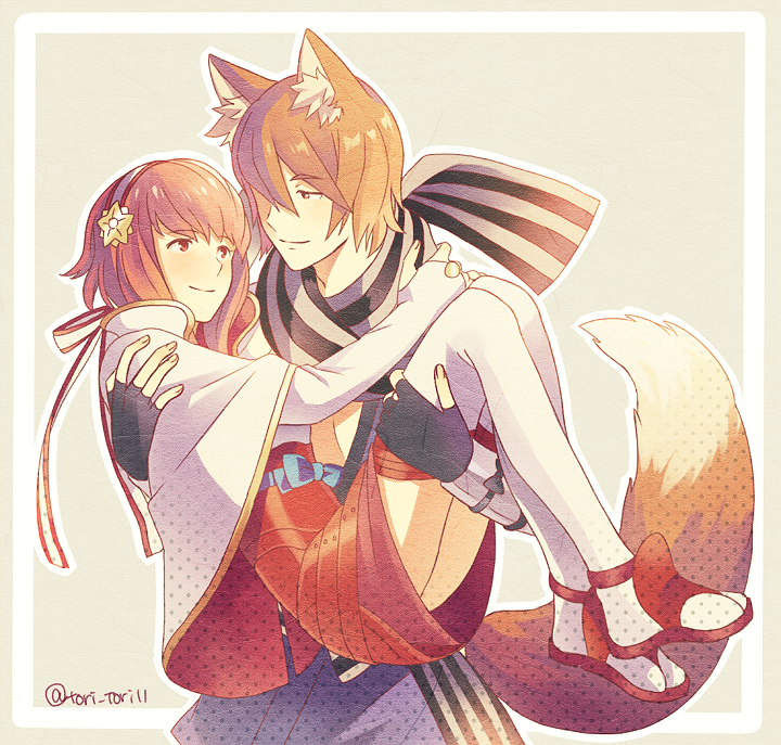 1boy, 1girl, animal_ears, brown_hair, carrying, couple, fire_emblem, fire_emblem_if