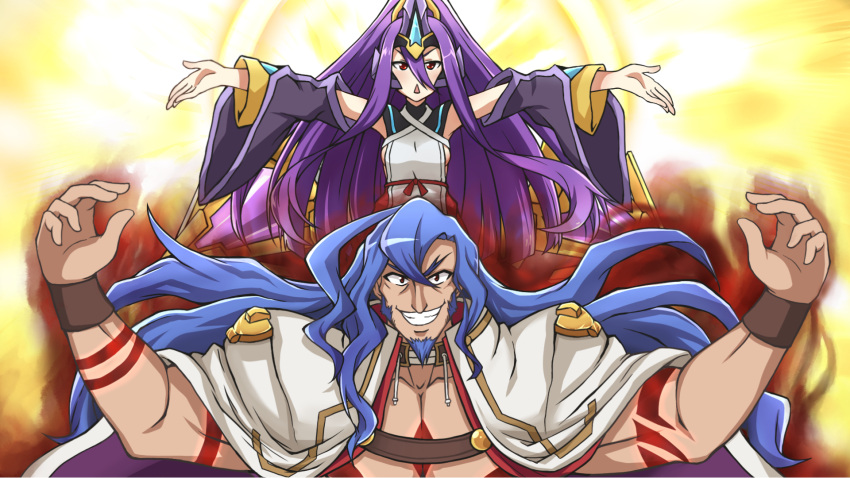 1boy, 1girl, :<, arc_system_works, aura, azrael_(blazblue), blazblue, blue_hair, blush, breasts, cape, detached_sleeves, facial_hair, grin, hades_izanami, headgear, long_hair, looking_at_viewer, mikado_(blazblue), naginoya, open_mouth, ponytail, purple_hair, red_eyes, sideboob, smile, tattoo, triangle_mouth, very_long_hair