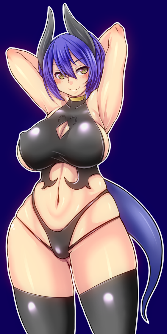 1girl, armpits, arms_behind_head, arms_up, black_legwear, black_panties, blue_hair, blush
