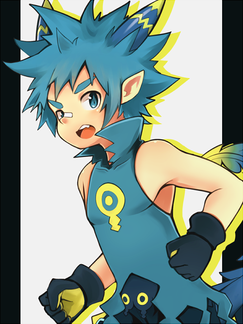 1boy, bandaid, bandaid_on_nose, blue_eyes, blue_hair, child, fang, gloves