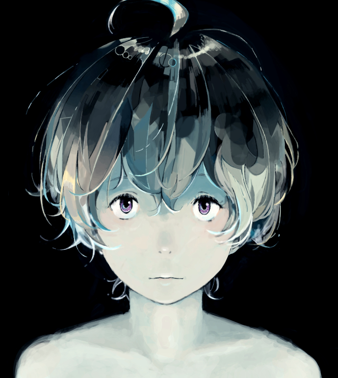 1boy, ahoge, bandoutan, bare_shoulders, black_background, child, haru_(tsuritama), looking_at_viewer