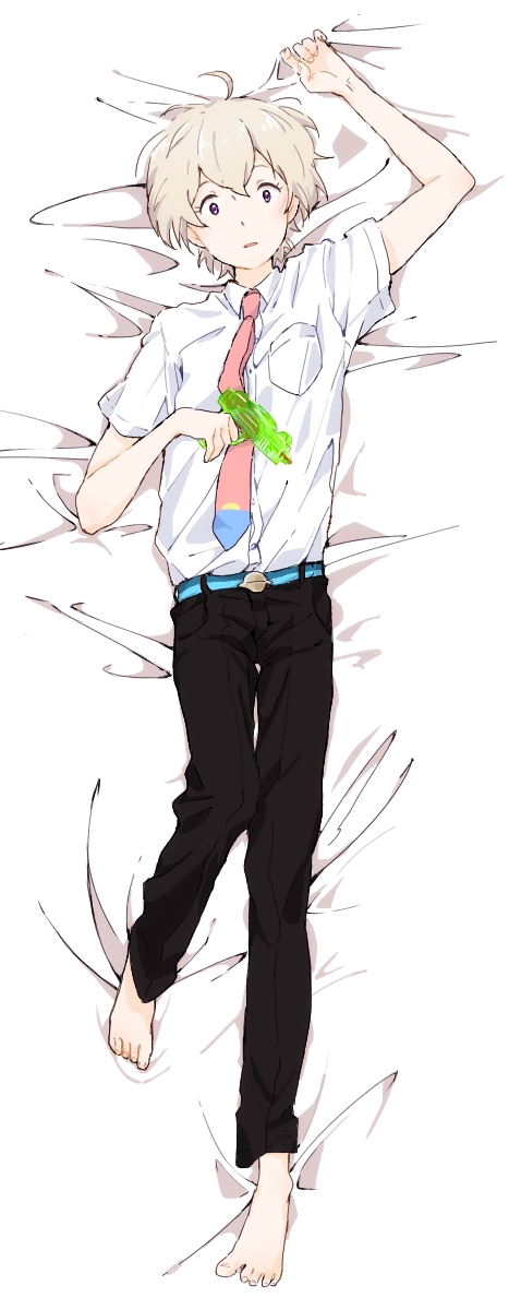 1boy, ahoge, bandoutan, barefoot, bed, child, dakimakura, feet