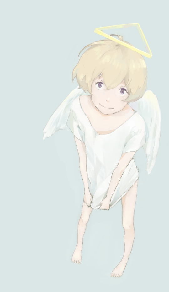 1boy, ahoge, angel, angel_wings, bandoutan, barefoot, blonde_hair, child