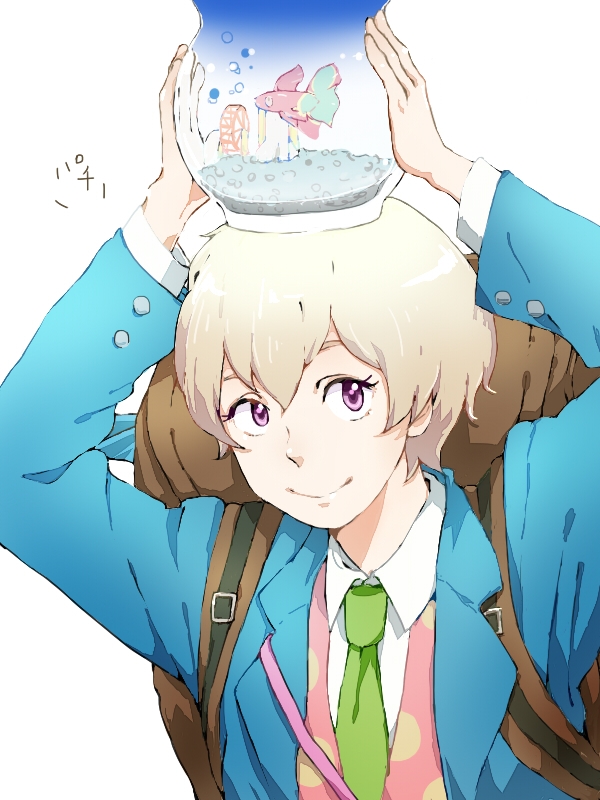 1boy, aquarium, arms_up, backpack, bag, bandoutan, blonde_hair, child