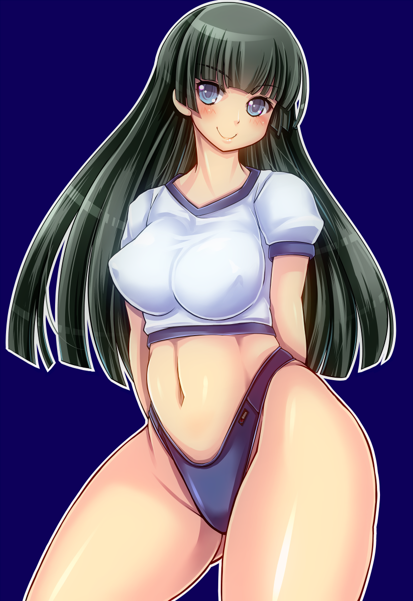 1girl, arms_behind_back, black_hair, blue_eyes, blush, borrowed_character, breasts, curvy