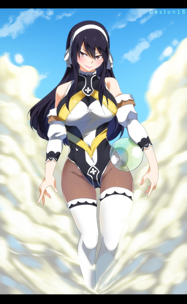 1girl, ball, bandeau, blue_hair, blush, breasts, clouds, fairy_tail