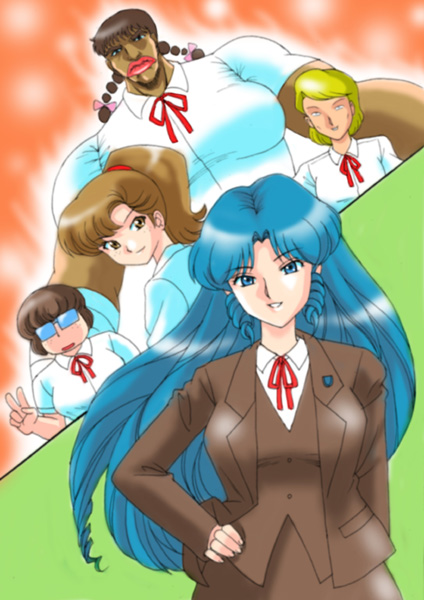 5girls, asa_(project_a-ko), blonde_hair, blue_eyes, blue_hair, brown_eyes, brown_hair, daitokuji_biko