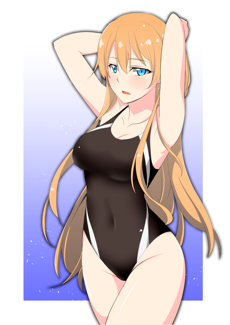 1girl, arms_up, blue_eyes, character_request, collarbone, covered_navel, female, long_hair