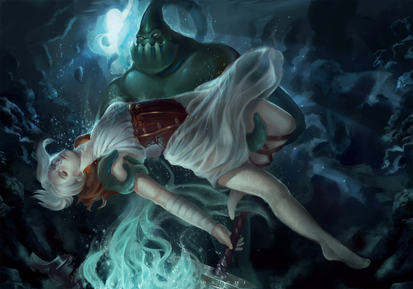 1boy, 1girl, carrying, closed_eyes, league_of_legends, monster_boy, princess_carry, rinrindaishi