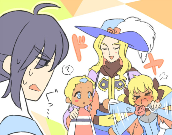 >_<, 00s, 2boys, 2girls, ahoge, belt, black_hair, blonde_hair