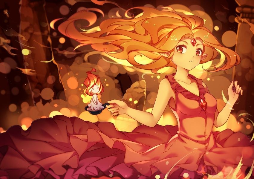 1girl, adventure_time, candle, cartoon_network, dress, fire, flame_princess, flaming_hair