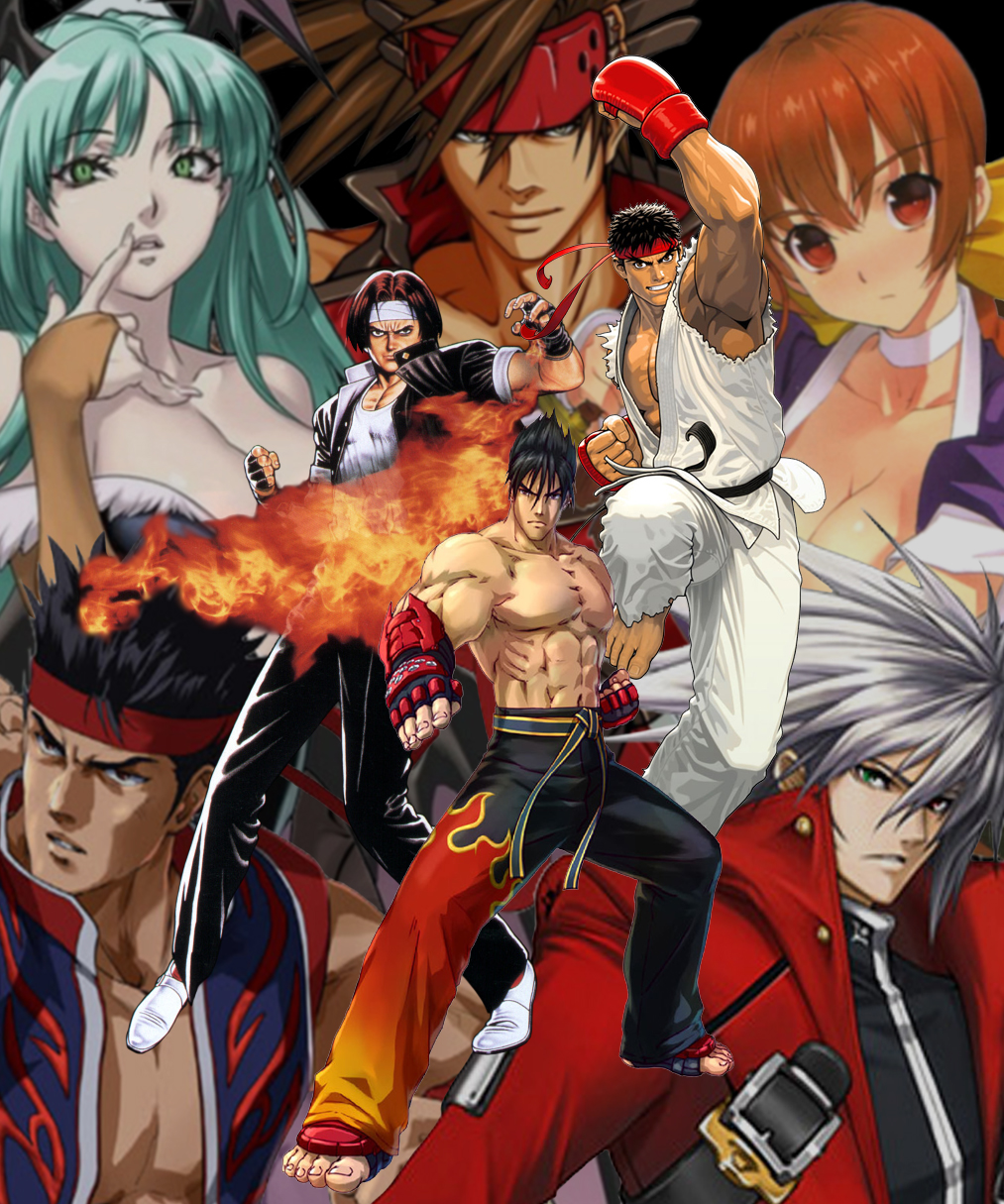 2girls, 6+boys, blazblue, breasts, cleavage, dead_or_alive, green_eyes, green_hair