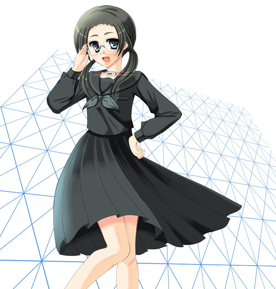 1girl, adjusting_glasses, andou_miyako, black_hair, black_serafuku, blue_eyes, choker, euphoria_(clockup), glasses, hand_on_hip, happy, kudamono_gumi, long_hair, looking_at_viewer, open_mouth, school_uniform, serafuku, smile, solo, twintails