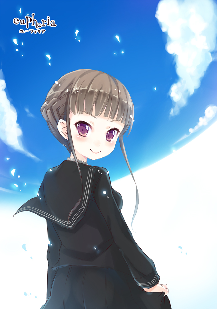 1girl, black_serafuku, braid, brown_hair, clouds, copyright_name, euphoria_(clockup), hitsugi