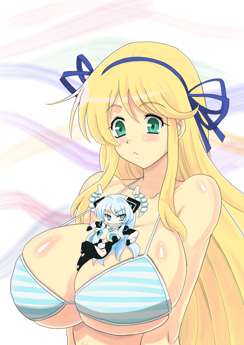 2girls, :<, alternate_form, bikini, blonde_hair, blue_eyes, blue_hair, blush