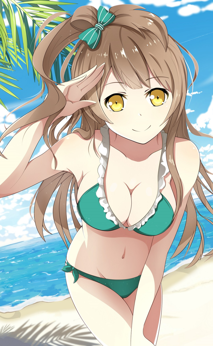 1girl, bare_shoulders, beach, bikini, breasts, brown_hair, cleavage, female