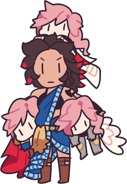 4girls, black_hair, boots, brown_hair, carrying, chibi, dark_skin, final_fantasy, final_fantasy_xiii, final_fantasy_xiii-2, lightning_farron, lightning_returns:_final_fantasy_xiii, multiple_girls, multiple_persona, oerba_yun_fang, pink_hair, sash, tattoo, two-tone_hair, yuristorm