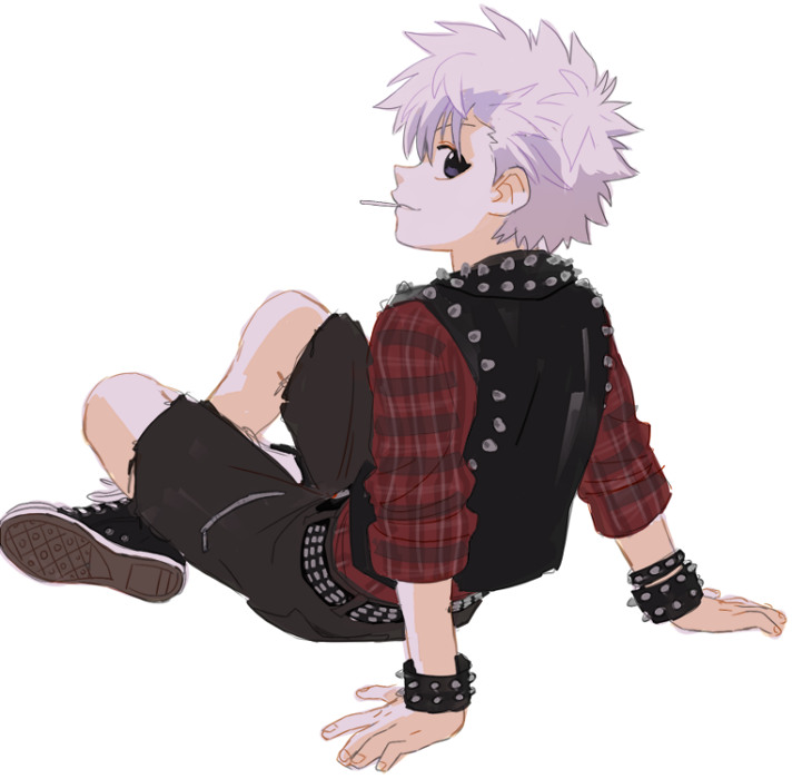1boy, brit, child, from_behind, hunter_x_hunter, killua_zoldyck, male_focus, simple_background