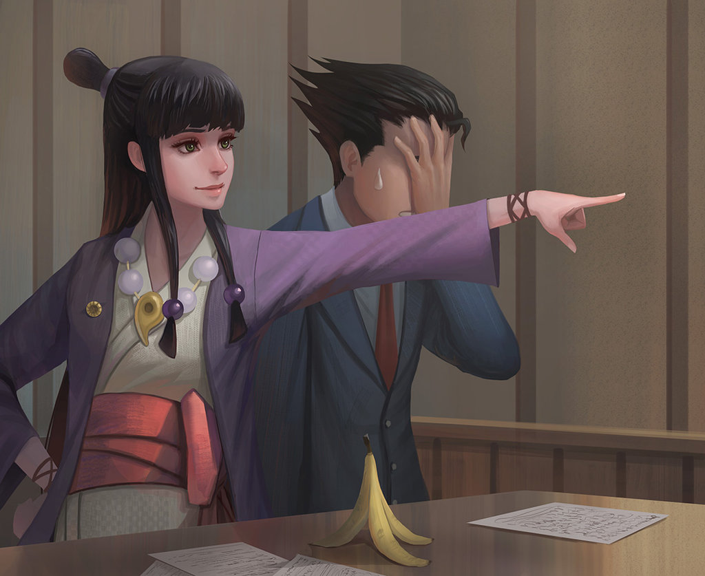 1boy, 1girl, ayasato_mayoi, banana_peel, beads, black_hair, capcom, desk