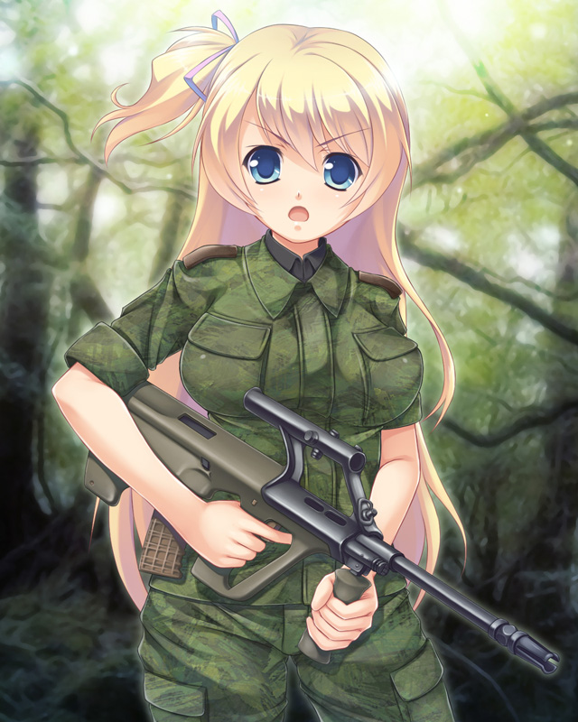 1girl, aocchi, blonde_hair, blue_eyes, female, gun, long_hair, looking_at_viewer