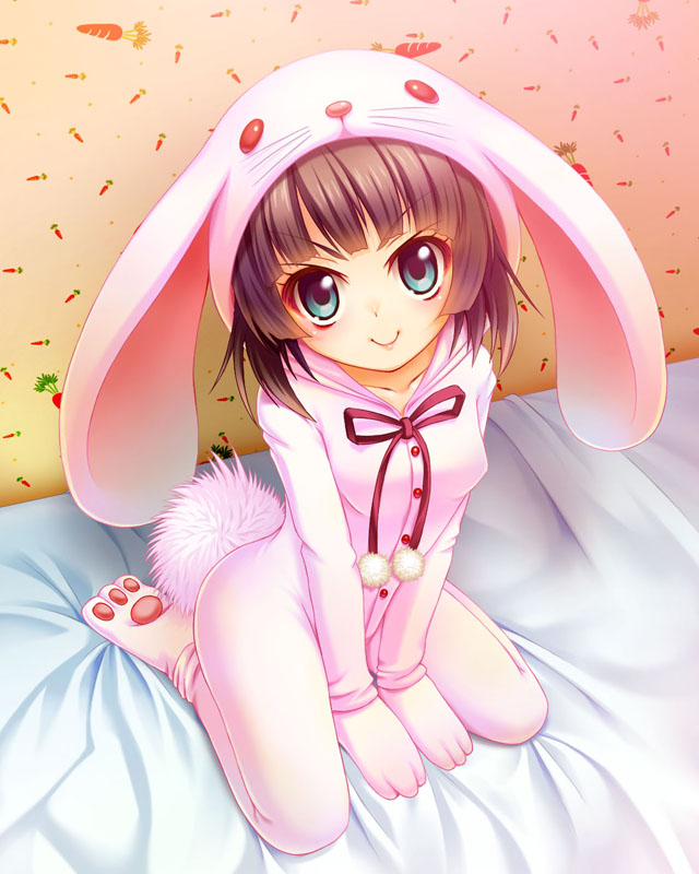 1girl, animal_ears, aocchi, bed, blue_eyes, brown_hair, female, looking_at_viewer