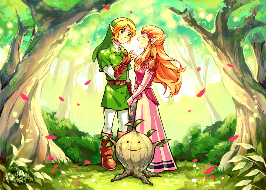 1boy, 1girl, aquanut, blonde_hair, great_deku_sprout, link, nintendo, pointy_ears