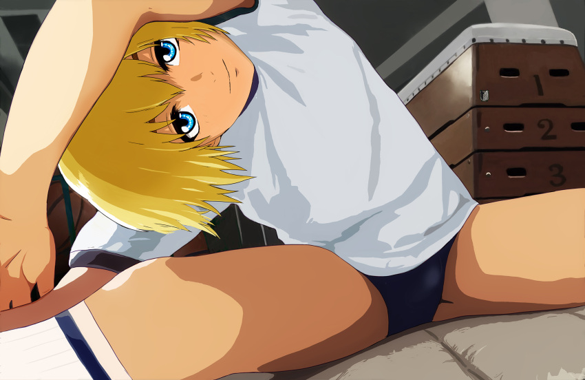 armin_arlert, blonde_hair, blue_eyes, buruma, c3_piyo, crossdressinging, gym_storeroom, gym_uniform, highres, shingeki_no_kyojin, short_hair, shota, tagme, trap