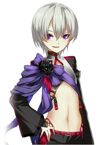 1boy, androgynous, artist_request, ash_(closers), closers, eyeliner, grey_hair, handheld_game_console, makeup, male_focus, midriff, navel, official_art, playstation_portable, smile, solo, tagme, violet_eyes