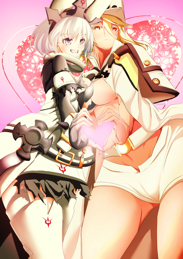 2girls, ahoge, arc_system_works, black_eyes, blonde_hair, blush, breasts, dress, elphelt_valentine, fingerless_gloves, gloves, grin, guilty_gear, guilty_gear_xrd, guilty_gear_xrd:_revelator, hand_heart, hat, heart, large_breasts, long_hair, looking_down, maxwell_manzoku, multiple_girls, ramlethal_valentine, red_eyes, shorts, skirt, smile, thigh-highs, valentine, white_hair
