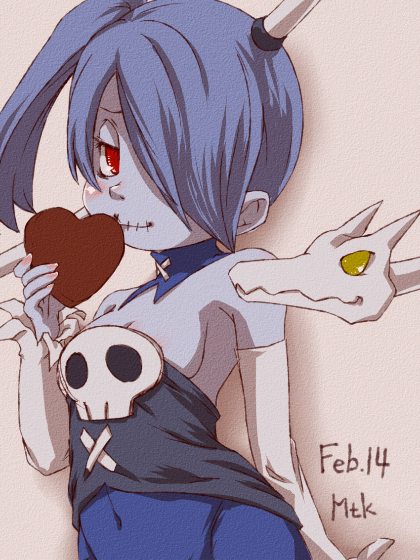 1girl, bare_shoulders, blue_skin, breasts, chocolate, detached_collar, detached_sleeves, hair_over_one_eye, heart, leviathan_(skullgirls), mutsuki_(pixiv116518), red_eyes, side_ponytail, skullgirls, squigly_(skullgirls), stitched_mouth, stitches, valentine, zombie, zombie_girl