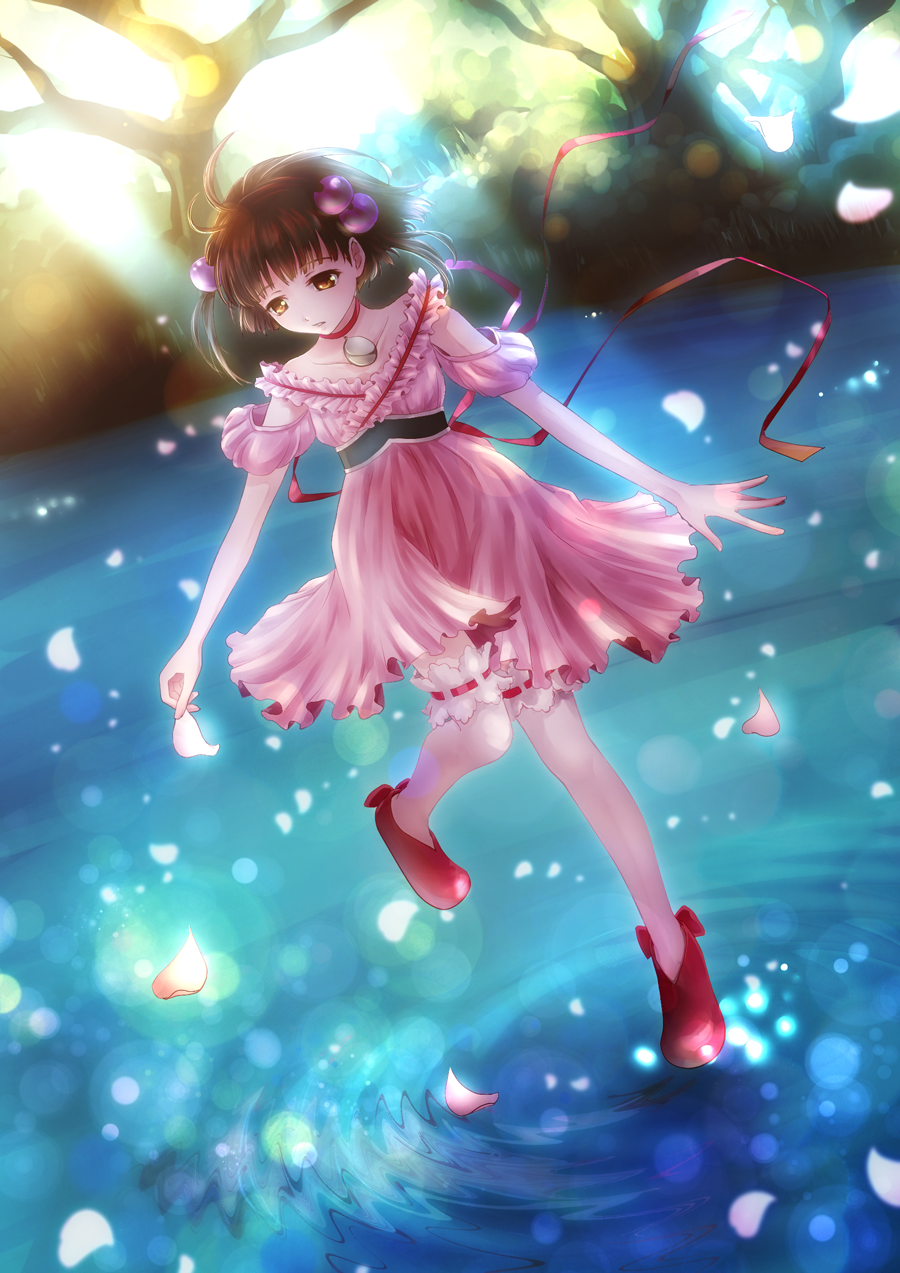 1girl, ahoge, breasts, brown_eyes, brown_hair, choker, dress, frills