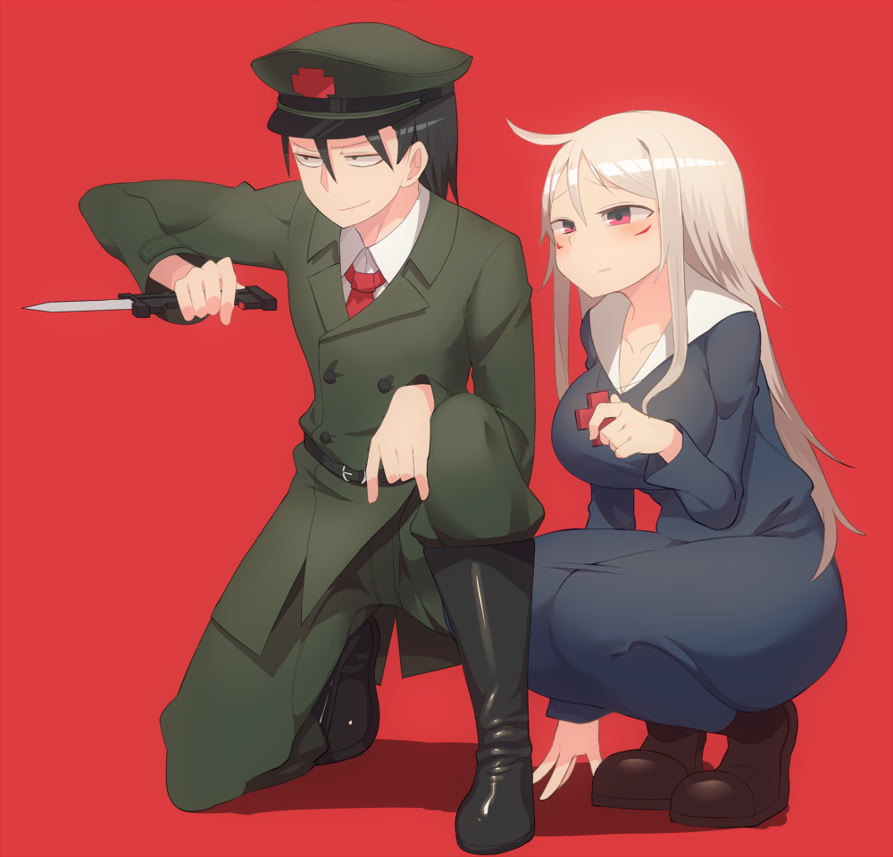 1boy, 1girl, arm_support, black_hair, boots, breasts, cross, facepaint