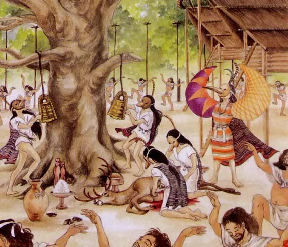 animal, barefoot, bell, black_hair, blood, dancing, death, deer, dotaku_(bell), facial_hair, festival, long_hair, mask, tree, yayoi_period