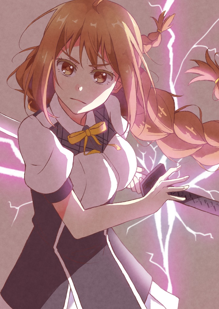 1girl, ahoge, braid, breasts, brown_eyes, brown_hair, grey_background, katana