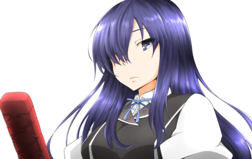 1girl, ayatsuji_ayase, blue_eyes, blue_hair, breasts, hair_over_one_eye, katana, long_hair