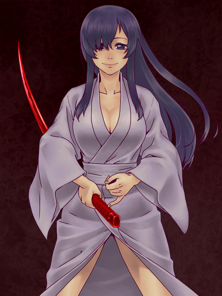 1girl, ayatsuji_ayase, black_eyes, black_hair, breasts, cleavage, hair_over_one_eye, katana
