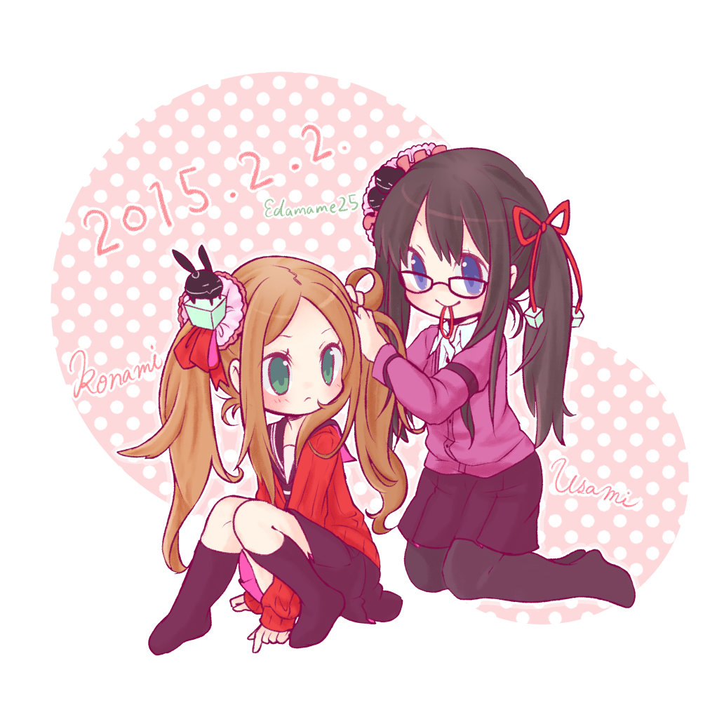 2girls, aqua_eyes, black_hair, blue_eyes, blush, brown_hair, glasses, konami_kirie, long_hair, multiple_girls, pantyhose, replica_(world_trigger), school_uniform, skirt, smile, socks, twintails, usami_shiori, world_trigger