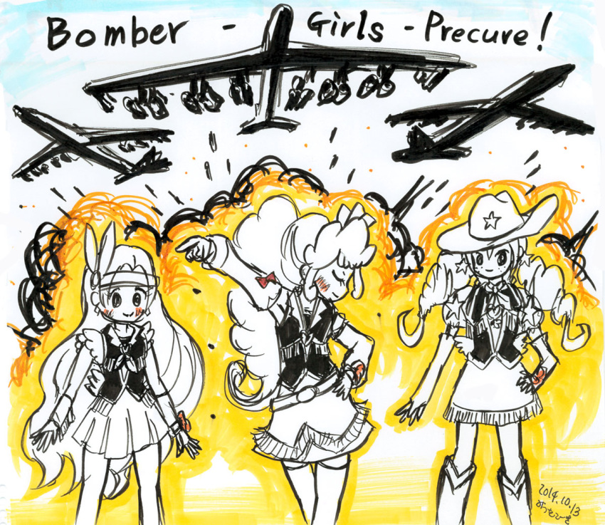 3girls, b-52, blonde_haired_cure_(bomber_girls_precure)_(happinesscharge_precure!), bomber_girls_precure, explosion, grey_haired_cure_(bomber_girls_precure)_(happinesscharge_precure!), happinesscharge_precure!, mitsuwo_kouki, multiple_girls, precure, red_haired_cure_(bomber_girls_precure)_(happinesscharge_precure!), tagme