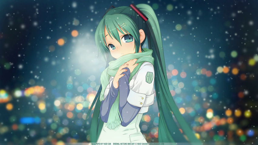 1girl, alternate_costume, aqua_eyes, aqua_hair, blue_eyes, blush, breath, female, green_eyes, green_hair, hair_ornament, hairclip, hatsune_miku, long_hair, looking_at_viewer, neko_sakana, scarf, snow, solo, striped_print, sweater, twintails, vocaloid, winter, winter_clothes